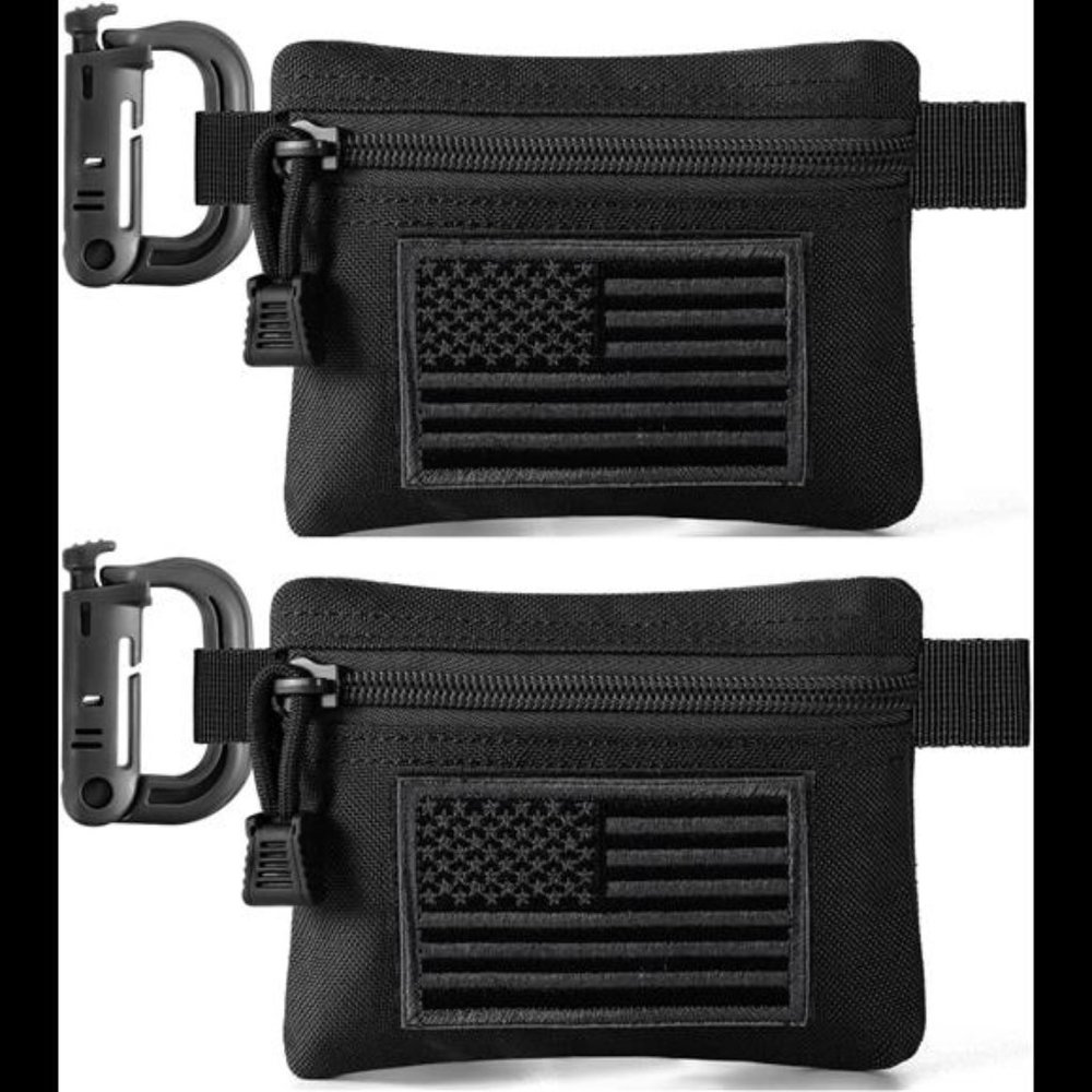 2 Pack Tactical Compact EDC Pouches w/2 US Flag Patches + 2 D-Rings